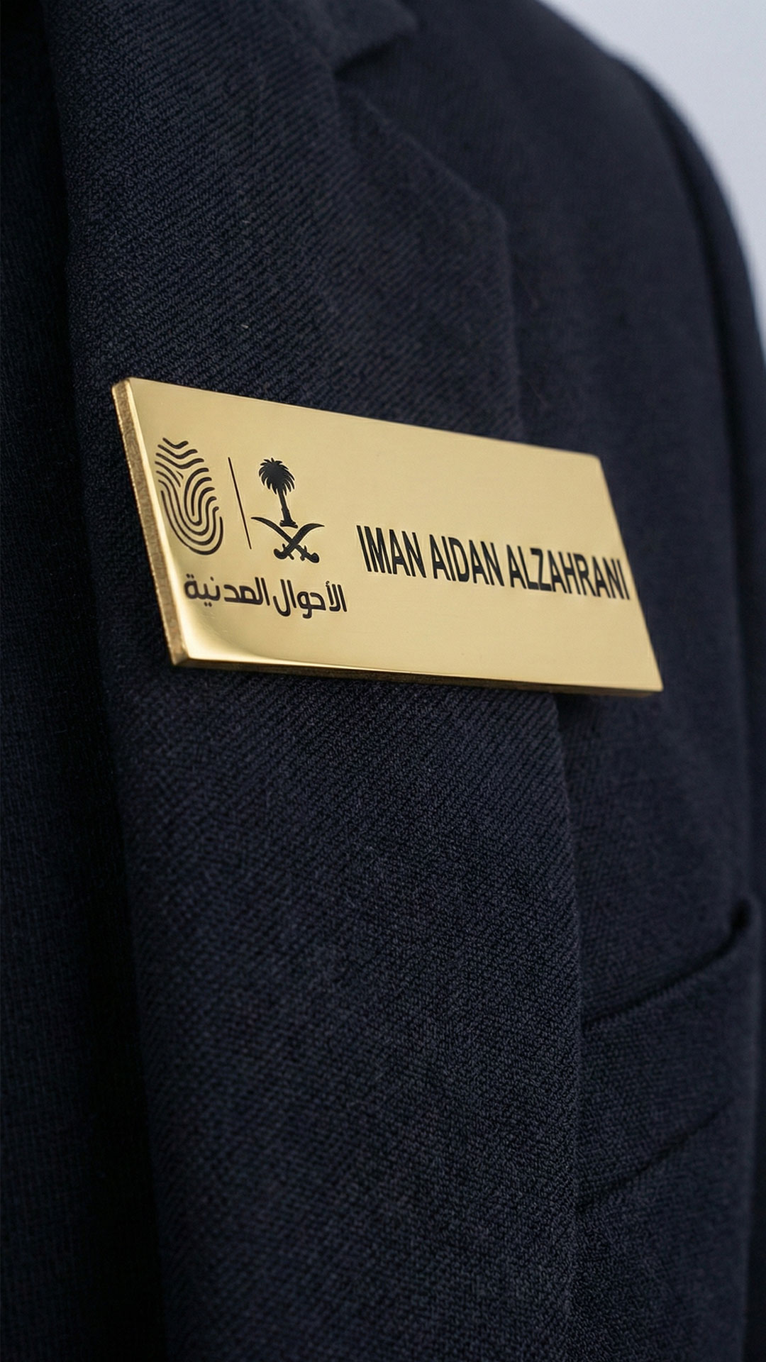 Employee name tag in office environment