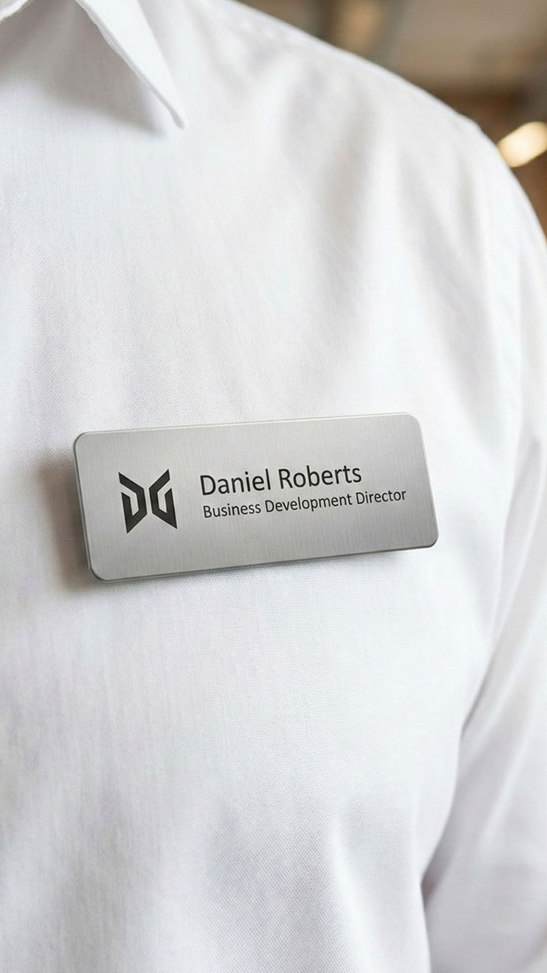 Matte silver name badge side angle detail
